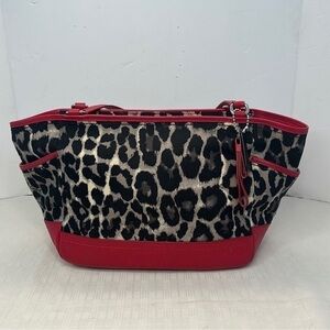 COACH OCELOT LEOPARD CARRIE PARK TOTE BAG F23278 RED BLACK GRAY MULTI